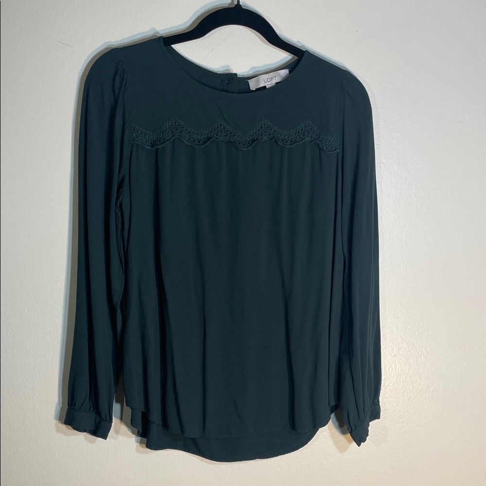 LOFT Dark Teal Long-Sleeve Lace Yoke Top